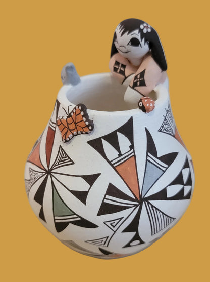 Precious Thin Walled Acoma Pueblo Pottery w/Fine Line Patterns and Raised Bird, Butterfly and Ladybug