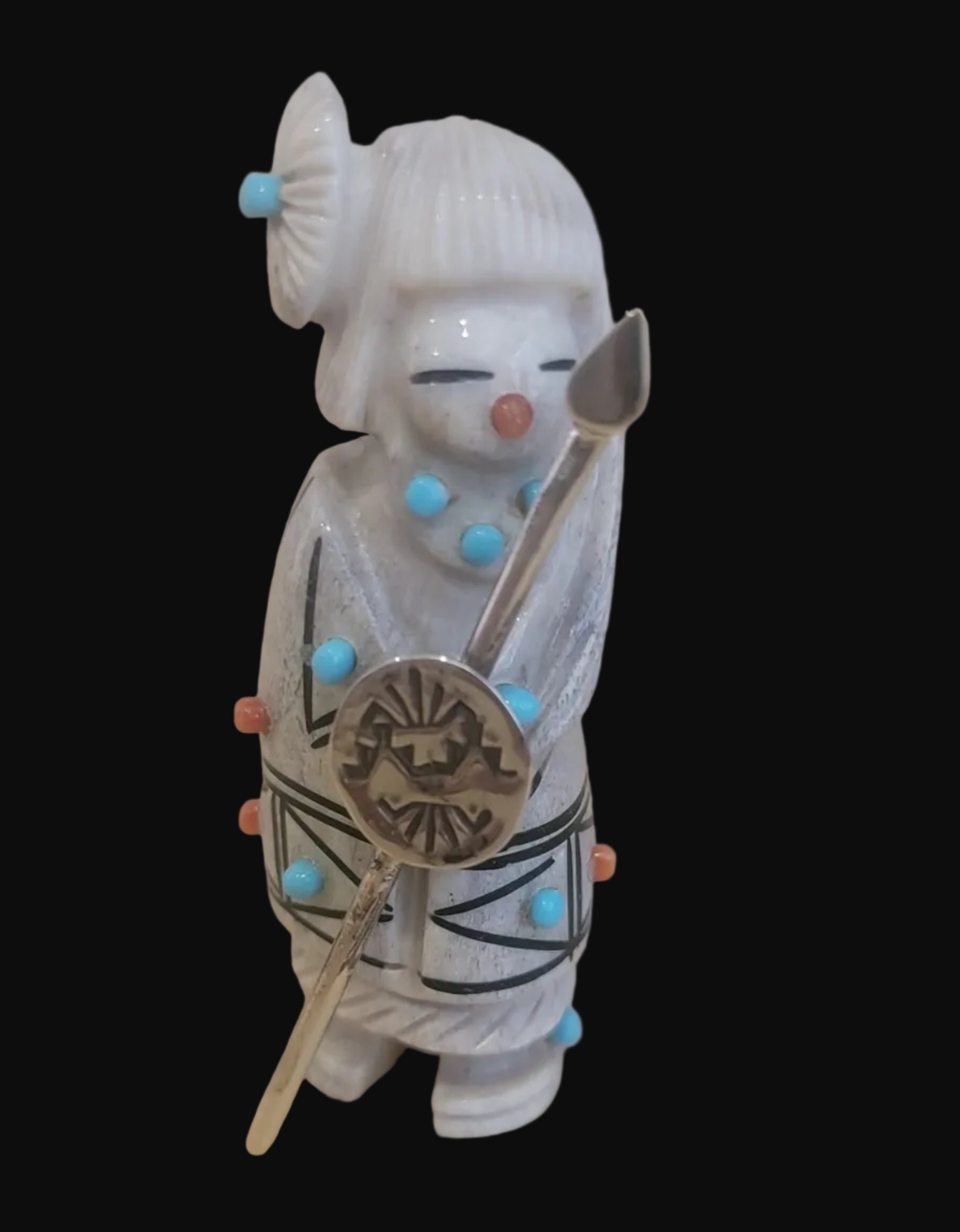 Antler Zuni Warrior Maiden w/ Sterling Shield and Spear Zuni Fetish