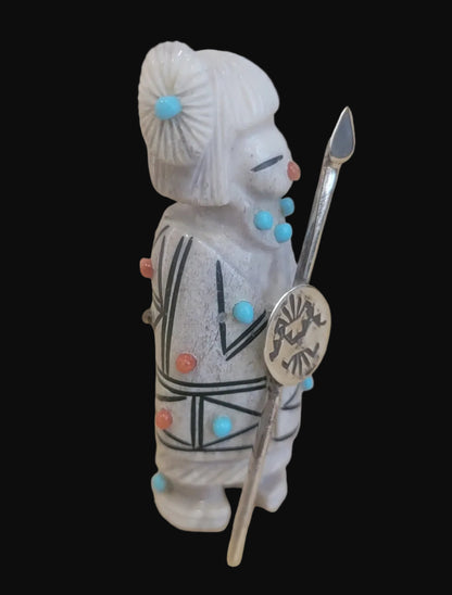 Antler Zuni Warrior Maiden w/ Sterling Shield and Spear Zuni Fetish