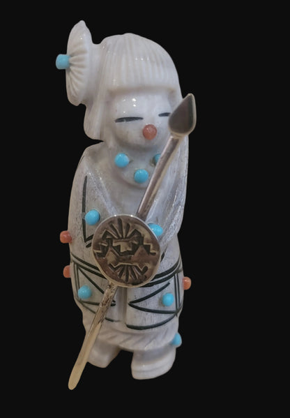 Antler Zuni Warrior Maiden w/ Sterling Shield and Spear Zuni Fetish