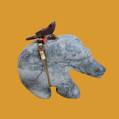 Powerful Agate Grizzly Bear w/ Bird Messenger Passenger Zuni Fetish