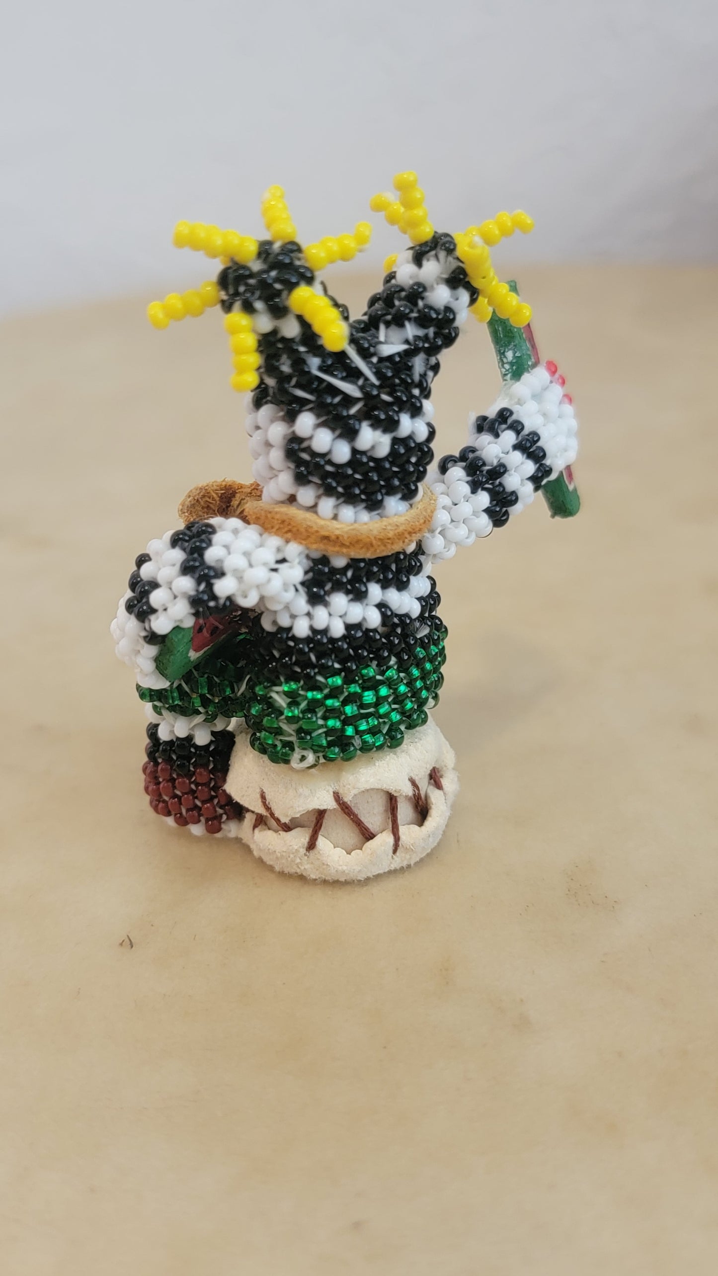 Beaded Zuni Hano Clown On Leather Drum Indian Beadwork