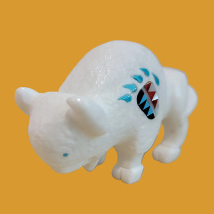 Powerful White Vision Bison/Buffalo w/ Inlaid Bear Paw Zuni Fetish