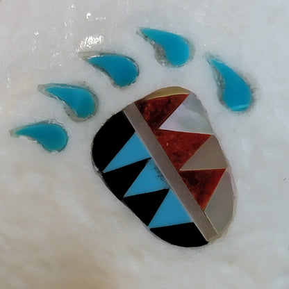 Powerful White Vision Bison/Buffalo w/ Inlaid Bear Paw Zuni Fetish
