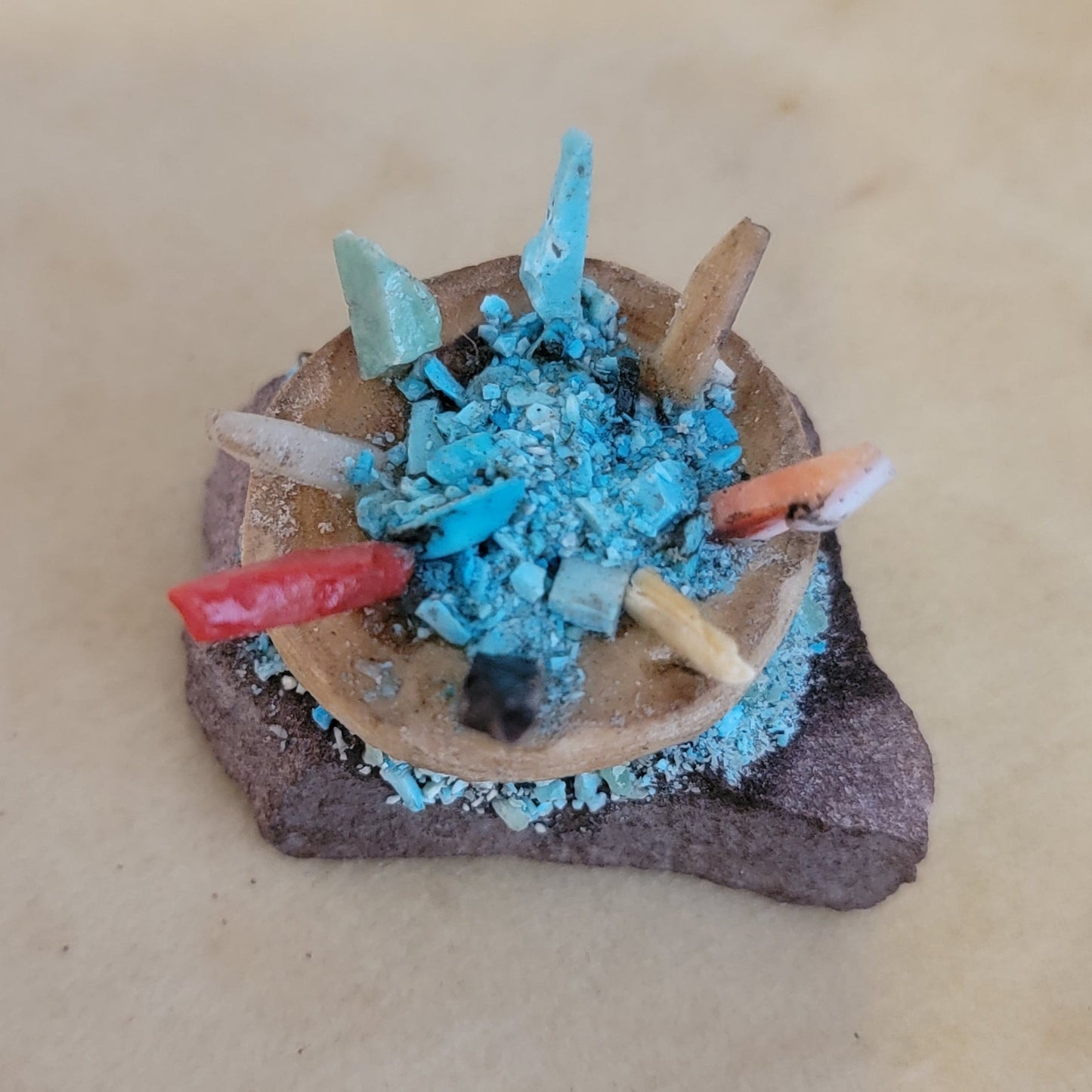 Cedar Bowl Filled with Prayer Sticks Zuni Fetish