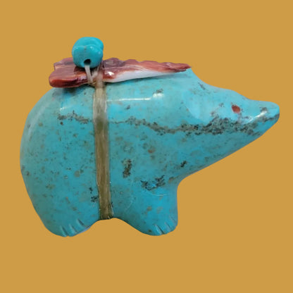 Turquoise Bear w/ Colorful Pack Zuni Fetish