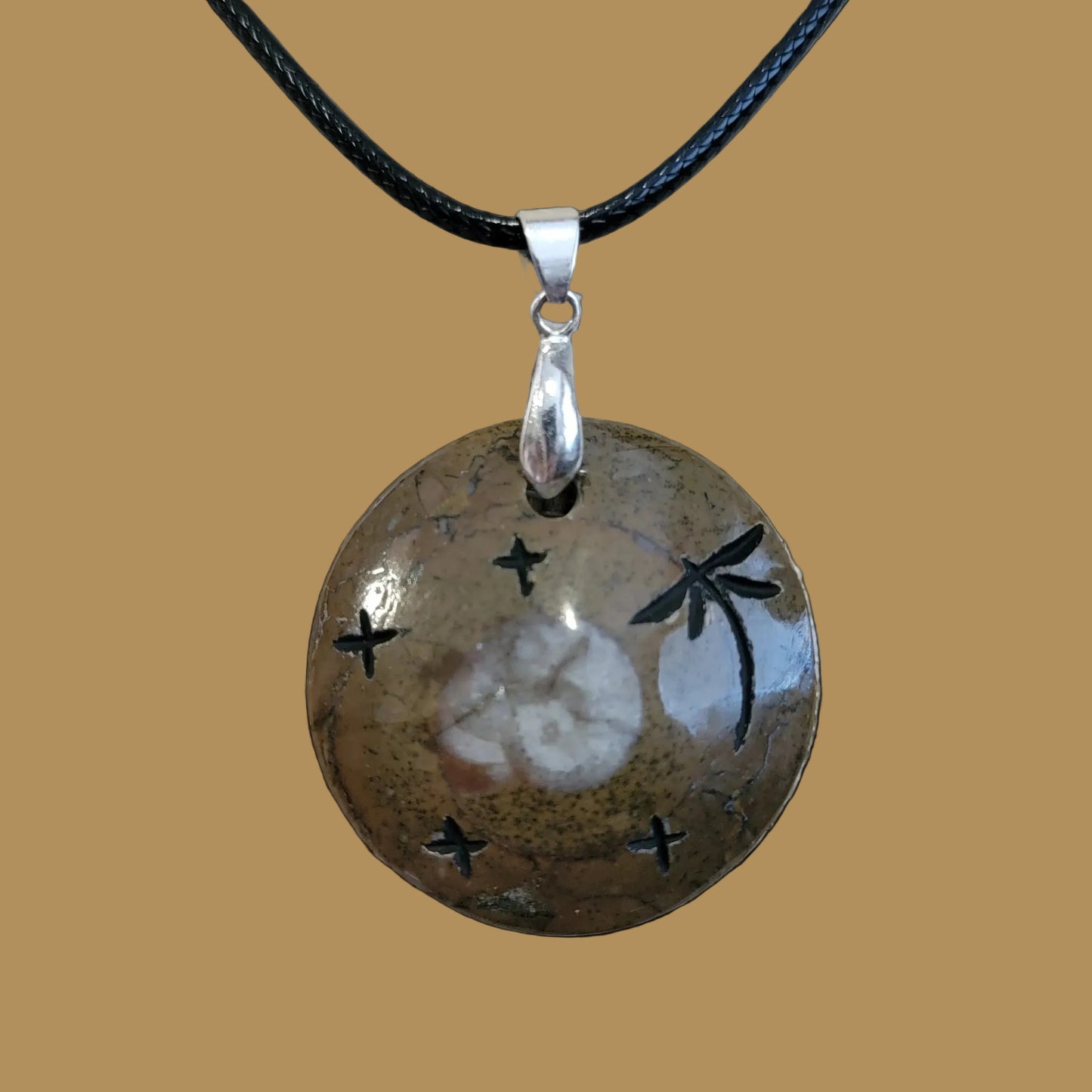 Ammonite Zuni Fetish Pendant w/ Dragonfly and Stars Indian Jewelry