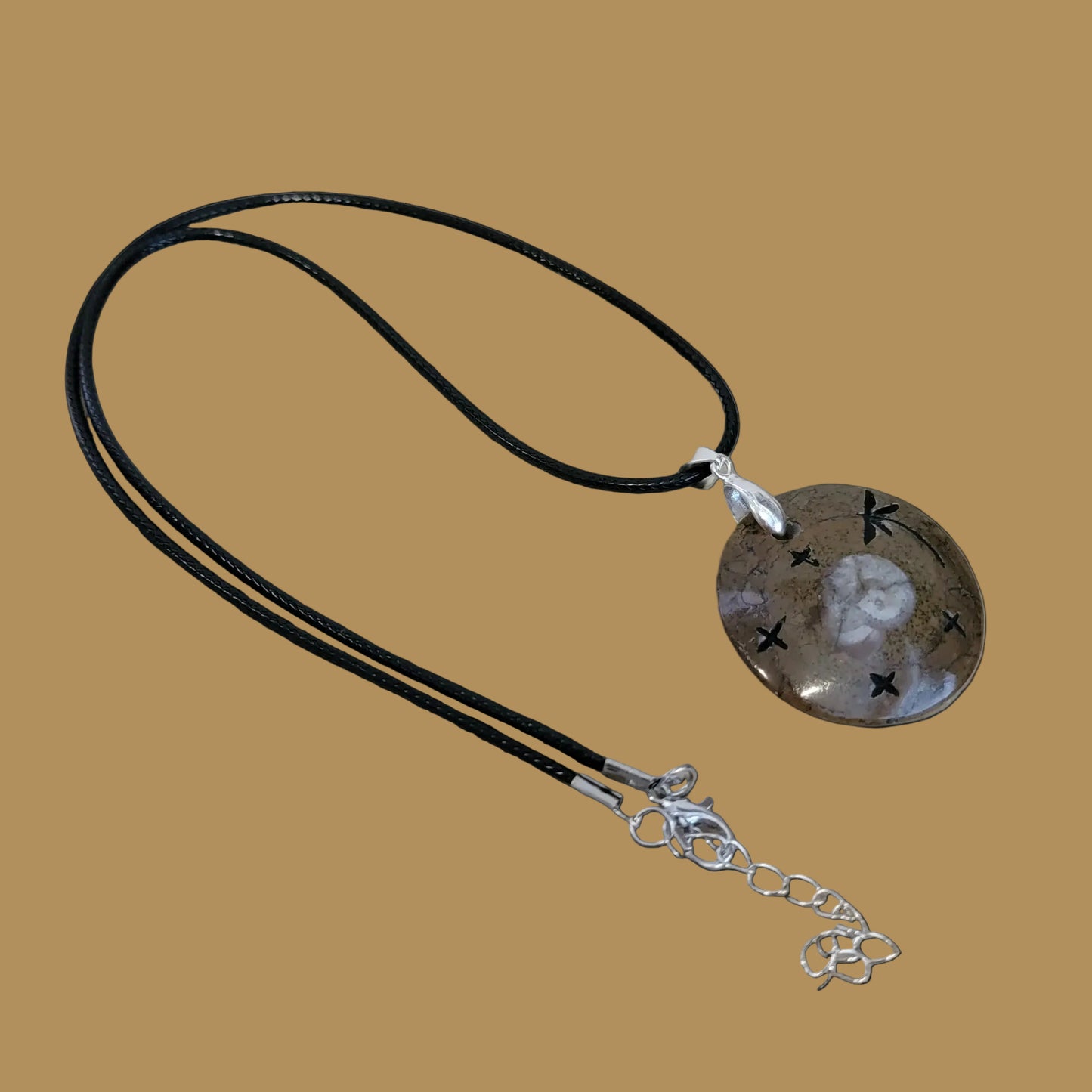 Ammonite Zuni Fetish Pendant w/ Dragonfly and Stars Indian Jewelry