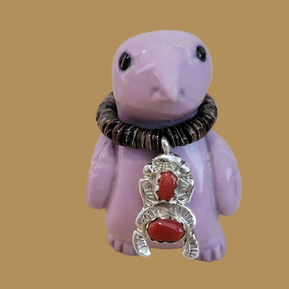Phosphosiderite Messenger Bird w/ Sterling and Coral Bling Zuni Fetish