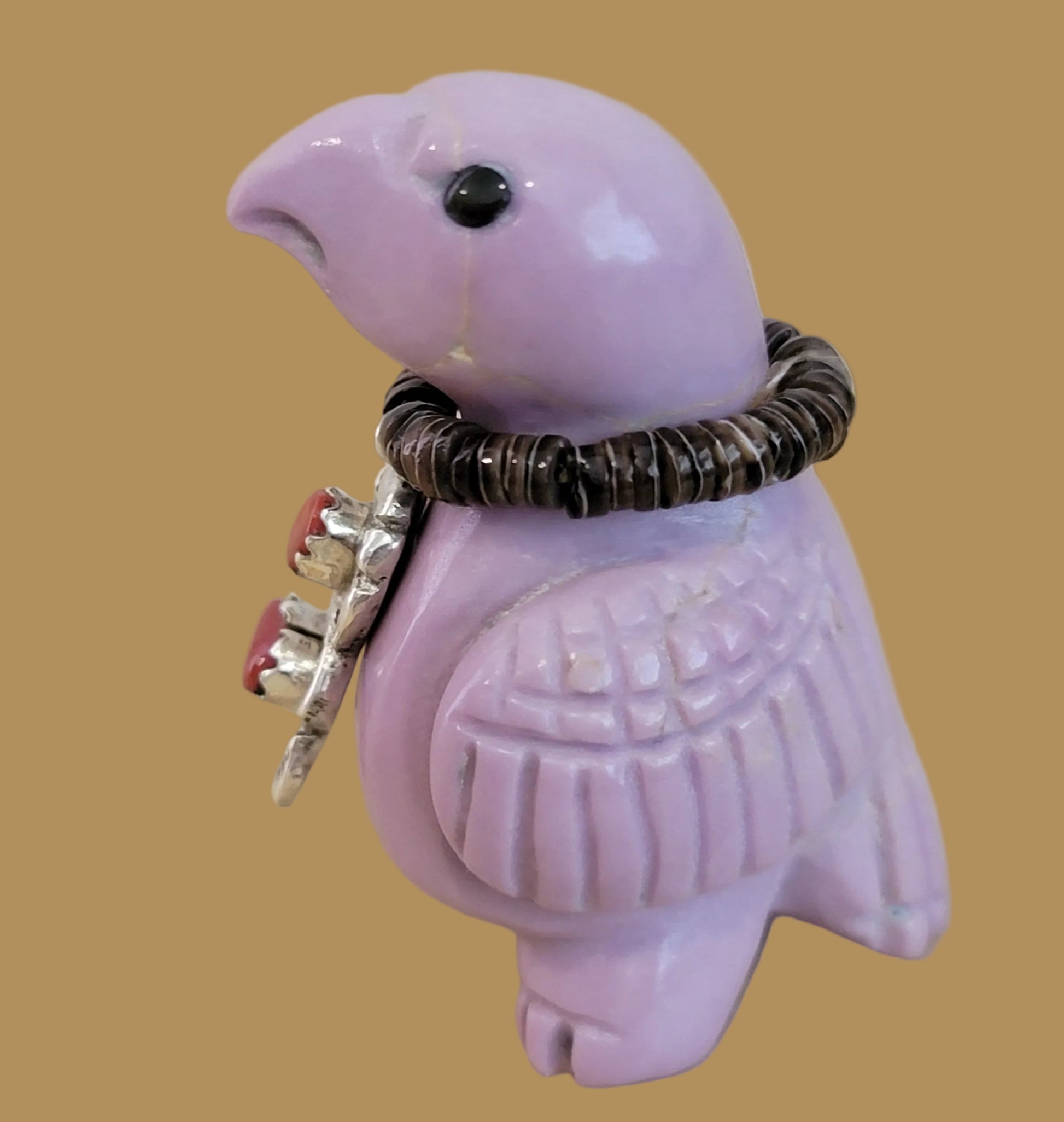 Phosphosiderite Messenger Bird w/ Sterling and Coral Bling Zuni Fetish