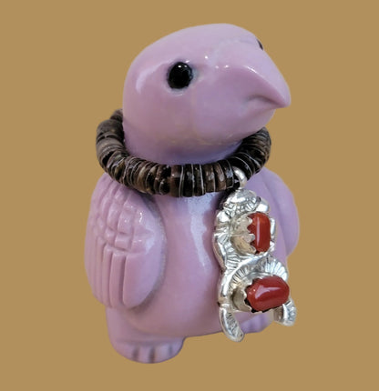 Phosphosiderite Messenger Bird w/ Sterling and Coral Bling Zuni Fetish