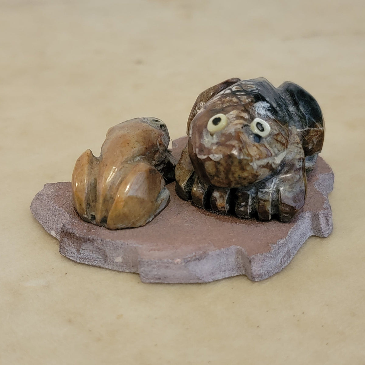 Double Picasso Marble Frogs Lounging on Sandstone Leaf Zuni Fetish