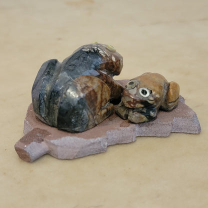 Double Picasso Marble Frogs Lounging on Sandstone Leaf Zuni Fetish