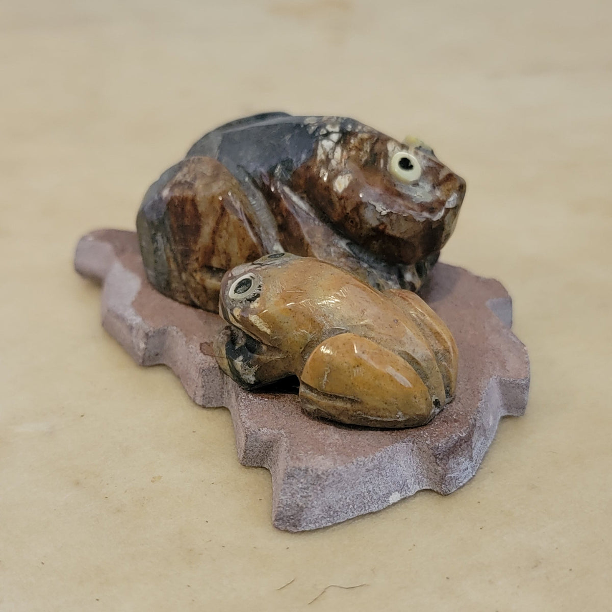 Double Picasso Marble Frogs Lounging on Sandstone Leaf Zuni Fetish