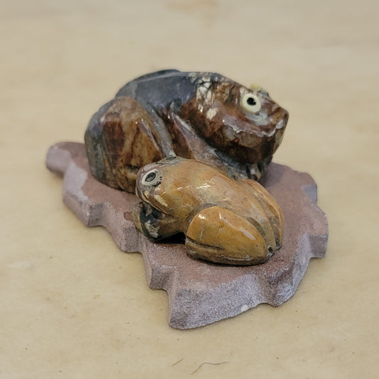 Double Picasso Marble Frogs Lounging on Sandstone Leaf Zuni Fetish