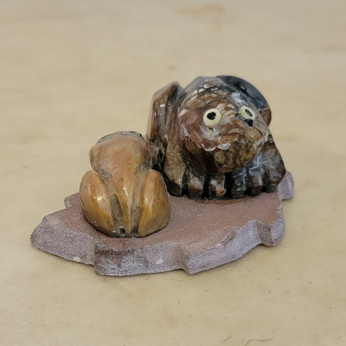 Double Picasso Marble Frogs Lounging on Sandstone Leaf Zuni Fetish