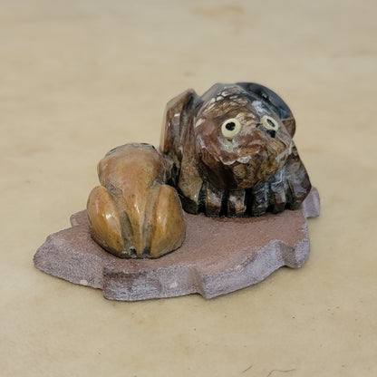 Double Picasso Marble Frogs Lounging on Sandstone Leaf Zuni Fetish
