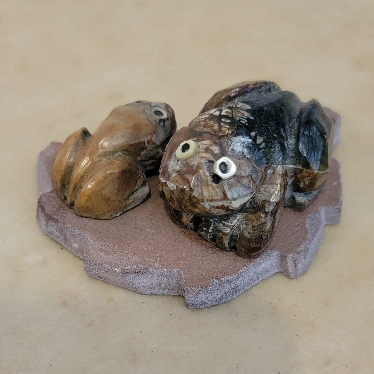 Double Picasso Marble Frogs Lounging on Sandstone Leaf Zuni Fetish