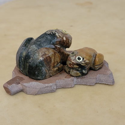 Double Picasso Marble Frogs Lounging on Sandstone Leaf Zuni Fetish