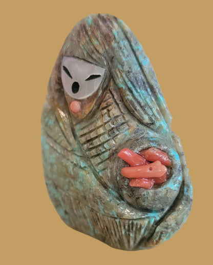 Beautiful Zuni Turquoise Olla Maiden w/Red Coral Zuni Fetish