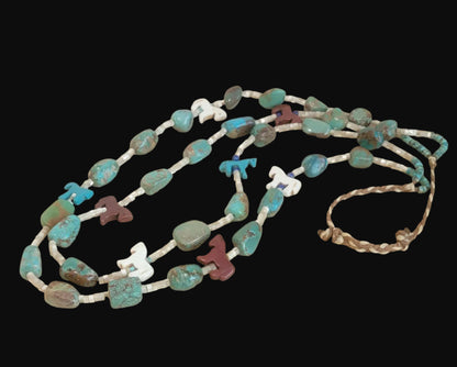 Old Pawn Double Strand Mother of Pearl Heishe w/Turquoise Stones, Carved Horses and Lapis Beads Indian Jewelry Necklace