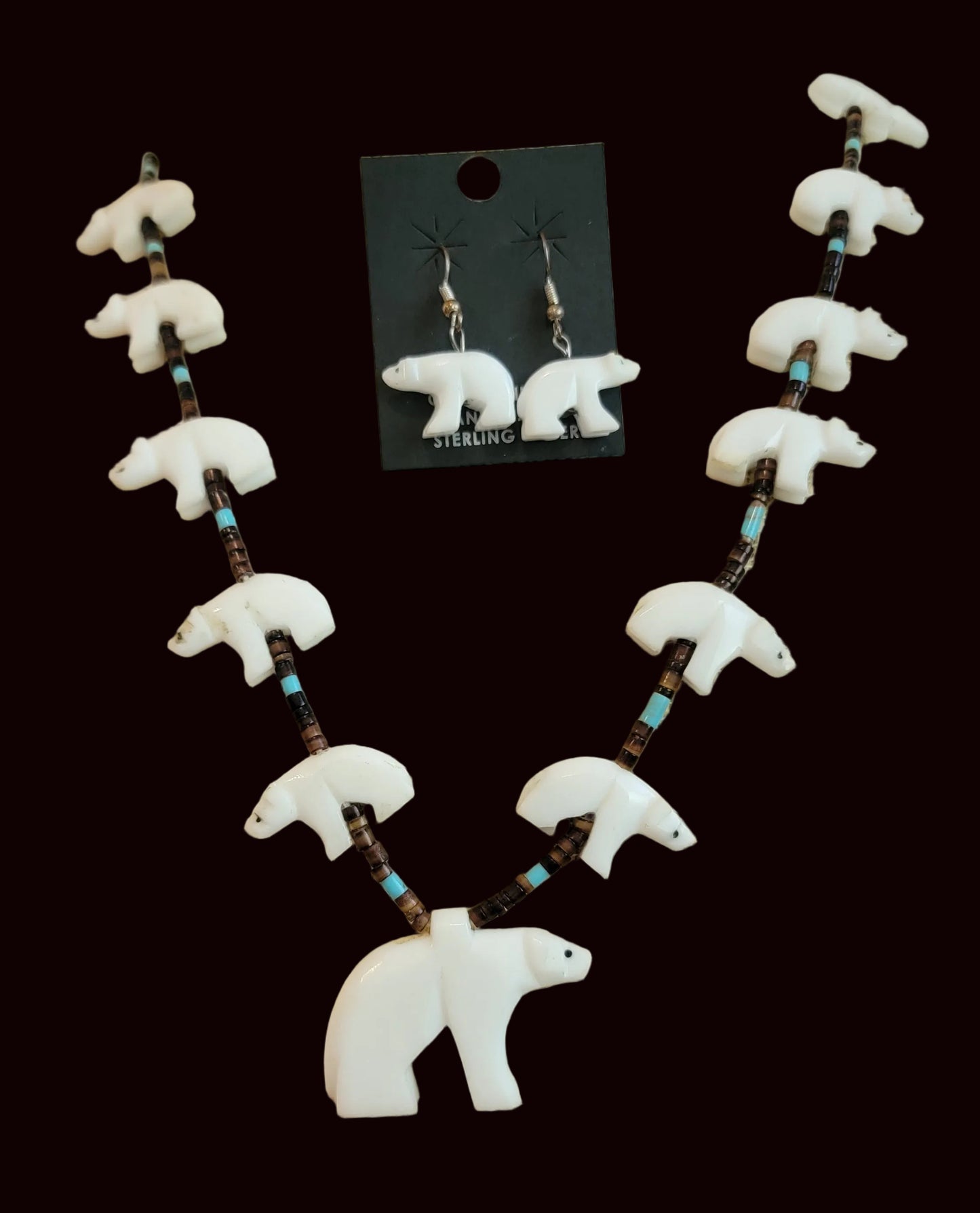 Old Pawn White Marble Bear Fetish Necklace and Earrings Set Indian Jewelry