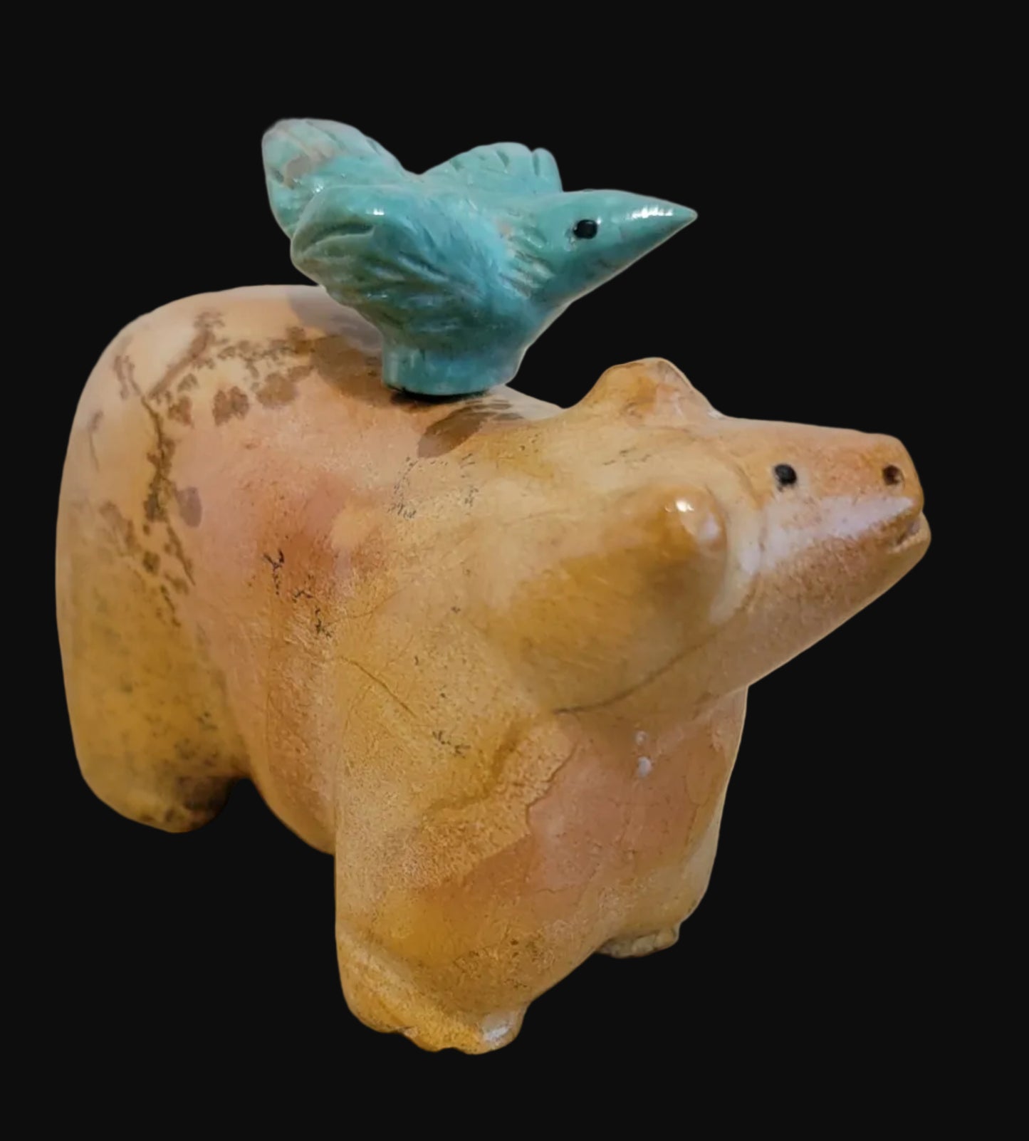 Travertine Bear w/ Hitchhiking Turquoise Bird Zuni Fetish