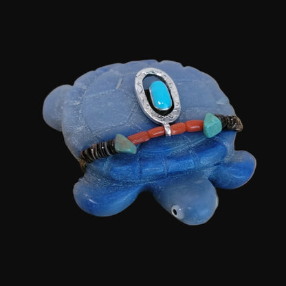 Adventurine Blue Tortoise w/Sterling and Turquoise Necklace Zuni Fetish