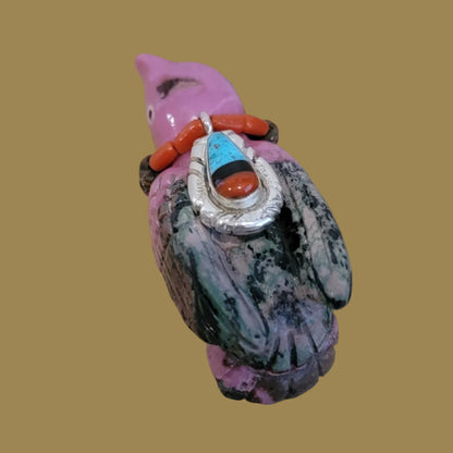 Rhodonite Messenger Bird w/ Sterling Silver peandant Zuni Fetish