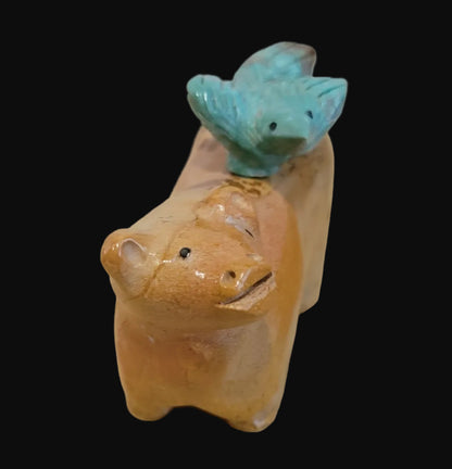 Travertine Bear w/ Hitchhiking Turquoise Bird Zuni Fetish