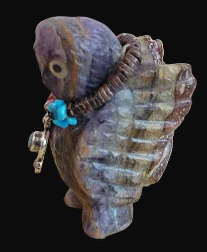 Fluorite Owl with Amazing Sterling Silver and Turquoise Bling Zuni Fetish