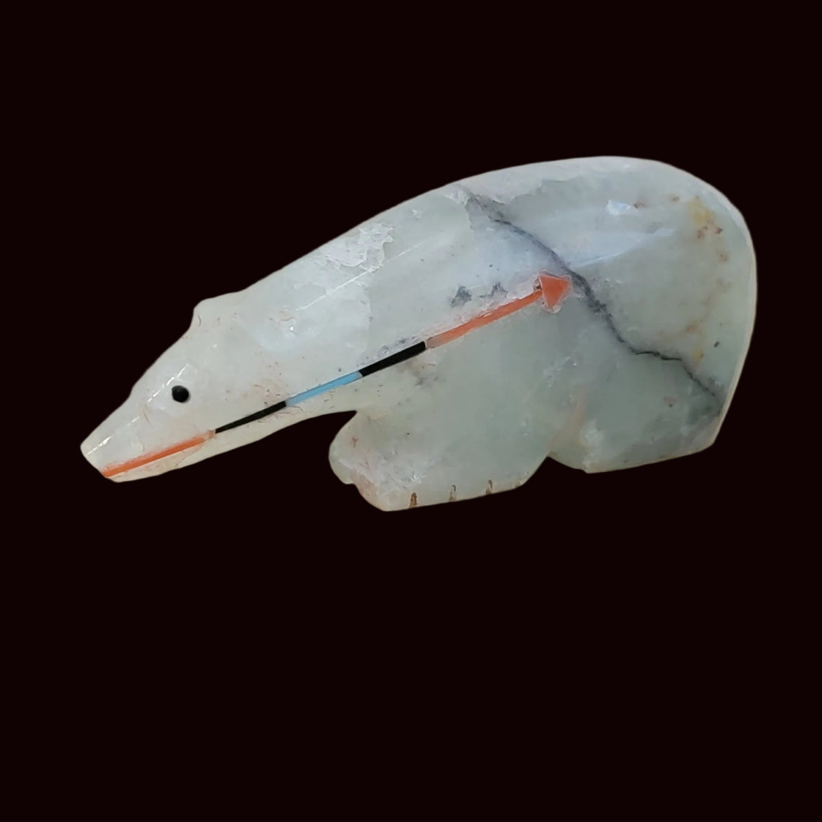 Fluorite Long Necked Bear w/Colorful Heartline Zuni Fetish