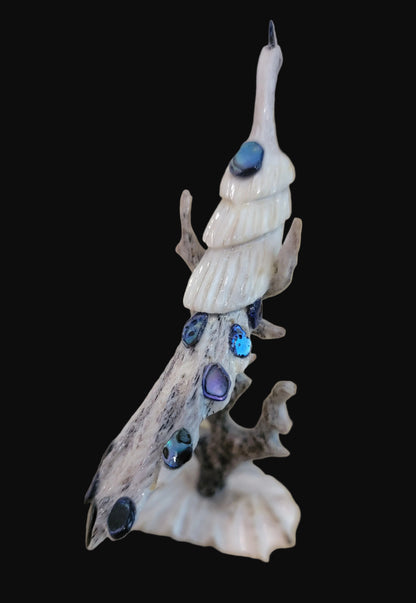 Antler w/ Abalone Shell Long Tailed Peacock  in  Tree Zuni Fetish