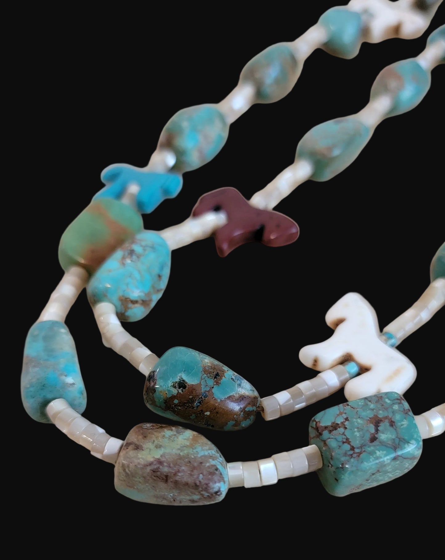 Old Pawn Double Strand Mother of Pearl Heishe w/Turquoise Stones, Carved Horses and Lapis Beads Indian Jewelry Necklace