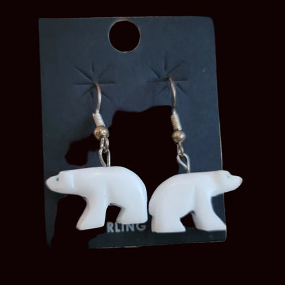 Old Pawn White Marble Bear Fetish Necklace and Earrings Set Indian Jewelry
