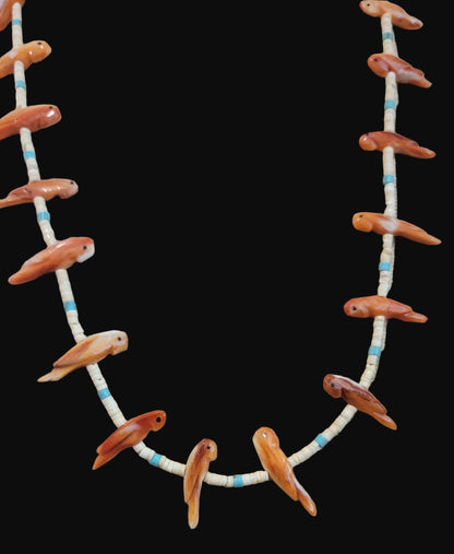 Spiny Oyster Shell Parrot and Shell Heishe Zuni Fetish Necklace Indian Jewelry