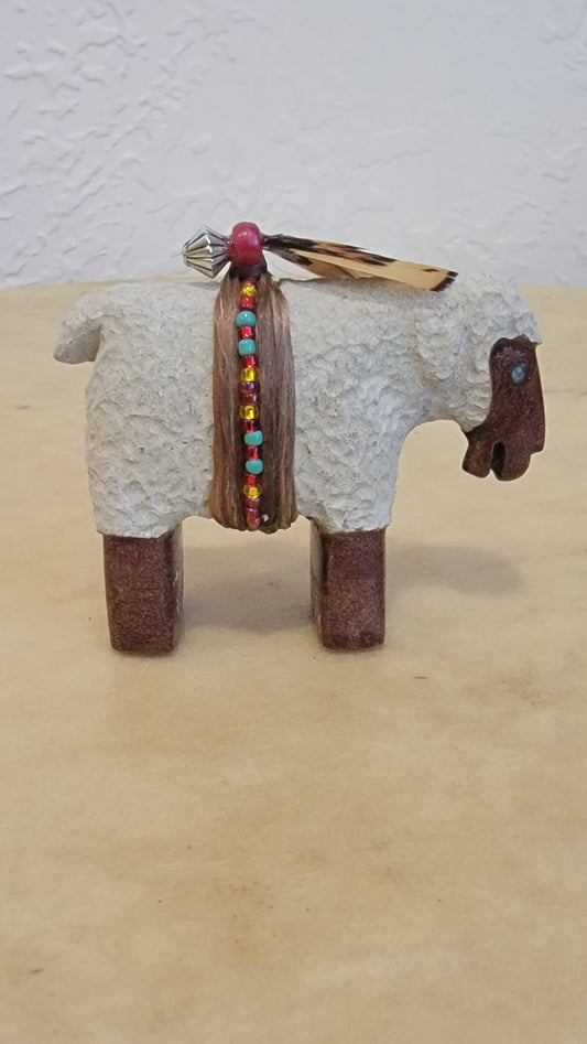 Navajo Two Toned Painted Sheep w/ Seed Bead Wrap Zuni Fetish