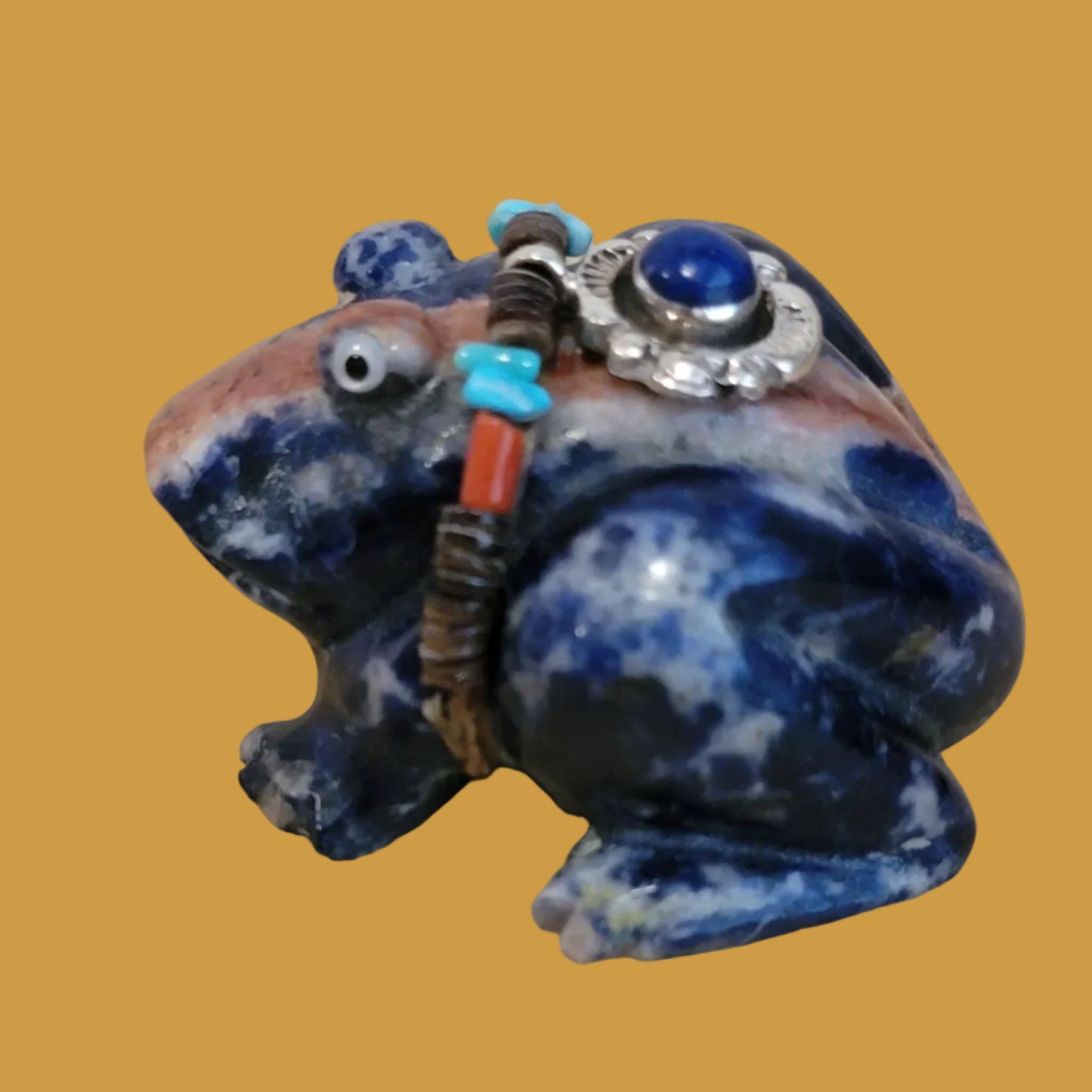 Sunset Sodalite Frog w/ Lapis and Sterling Necklace Bling Zuni Fetish