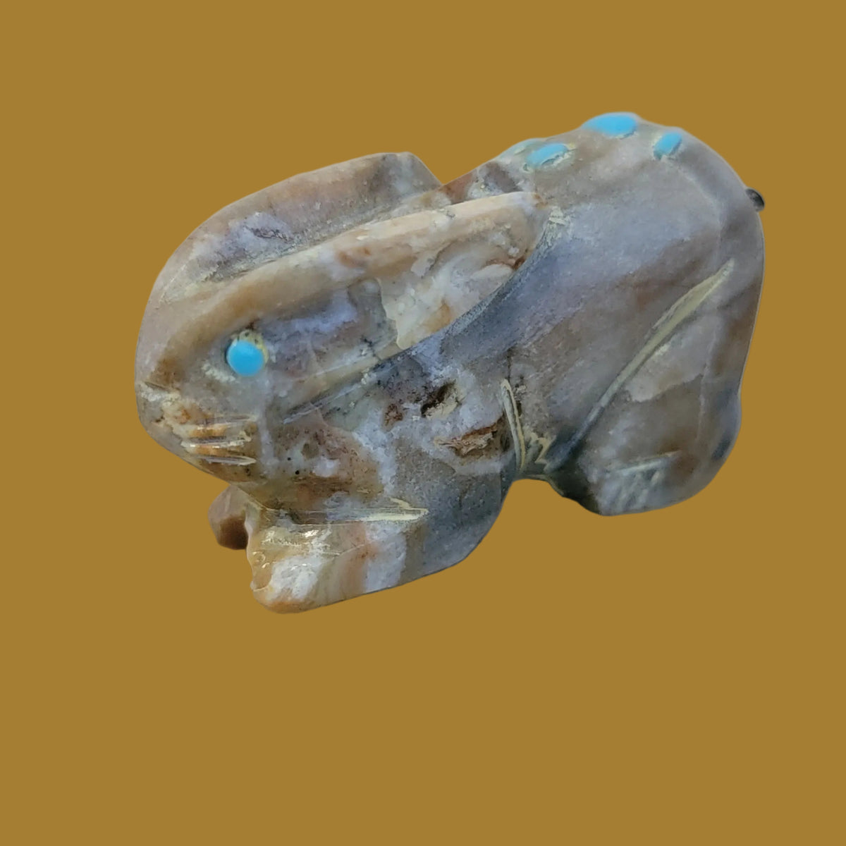Picasso Marble Bunny Rbbit w/Turquoise Handprint Zuni Fetish