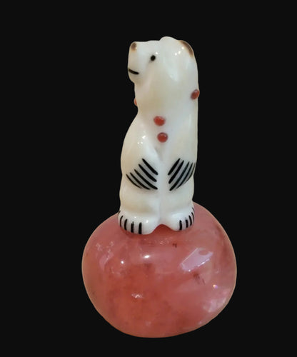 Miniature Adorned Antler Bear on Cherry Quartz Base Zuni Fetish