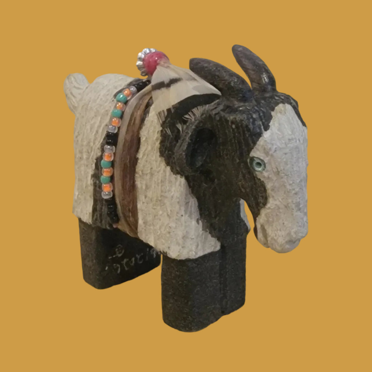 Painted Alabaster Navajo Billy Goat w/ Seed bead Wrap