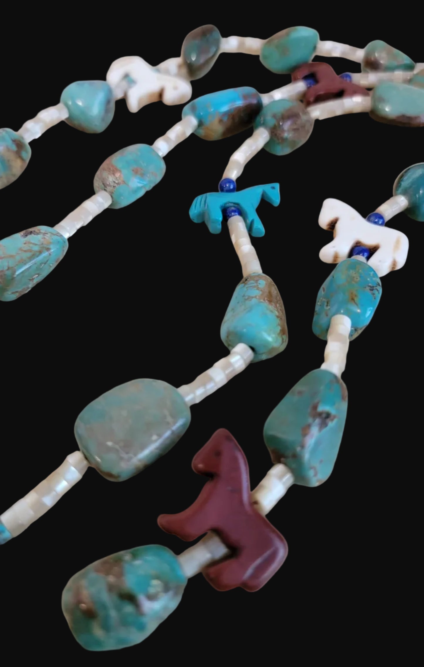 Old Pawn Double Strand Mother of Pearl Heishe w/Turquoise Stones, Carved Horses and Lapis Beads Indian Jewelry Necklace