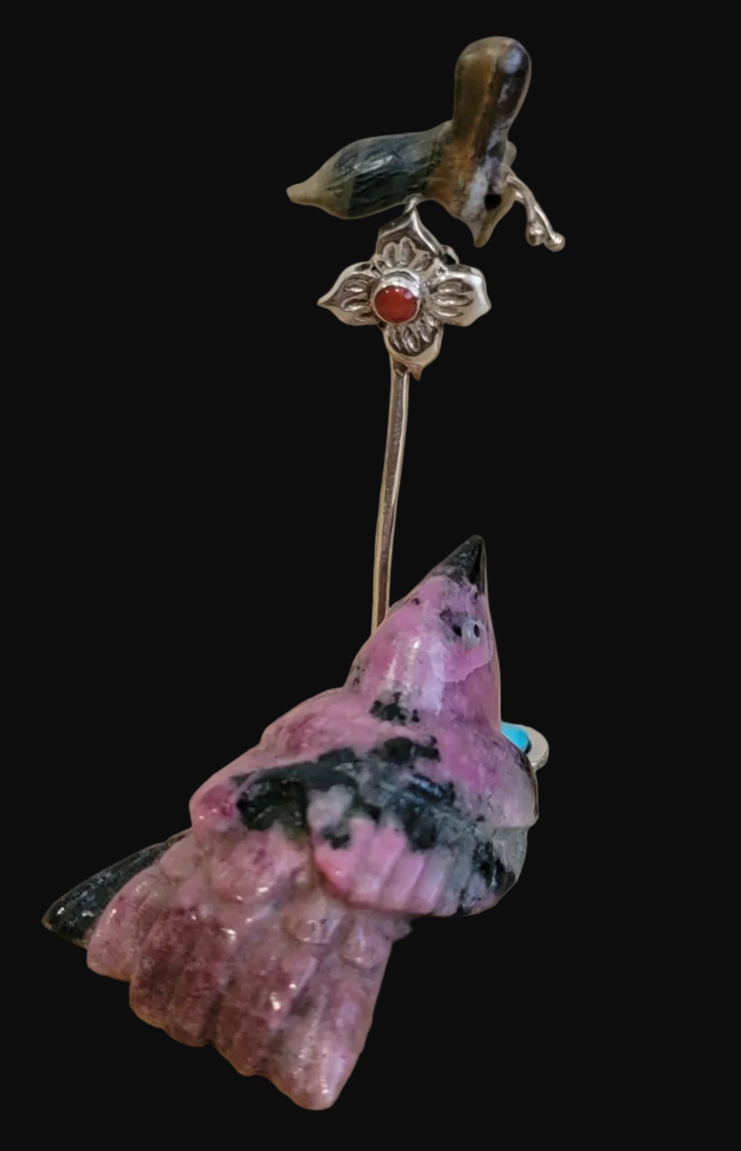 Beautiful Rhodonite Bird w/ Sterling and Turquoise Pond /Sterling w/ Coral Flower and Opal Honeycomb w/Bee Zuni Fetish