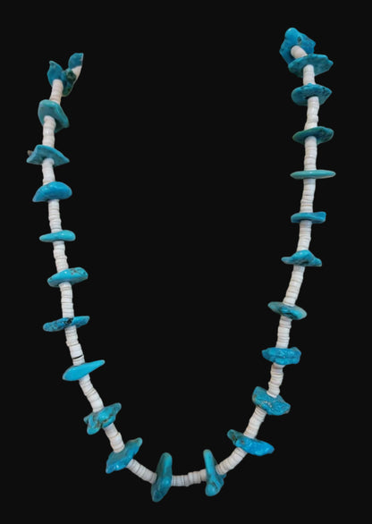 Single Strand Shell Heishe and Turquoise Nuggets Santo Domingo Necklace