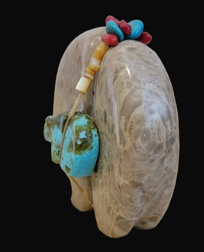 Fossil Shell Medine Bear w/ Turquoise Side Bear and Cool Bundle Zuni Fetish