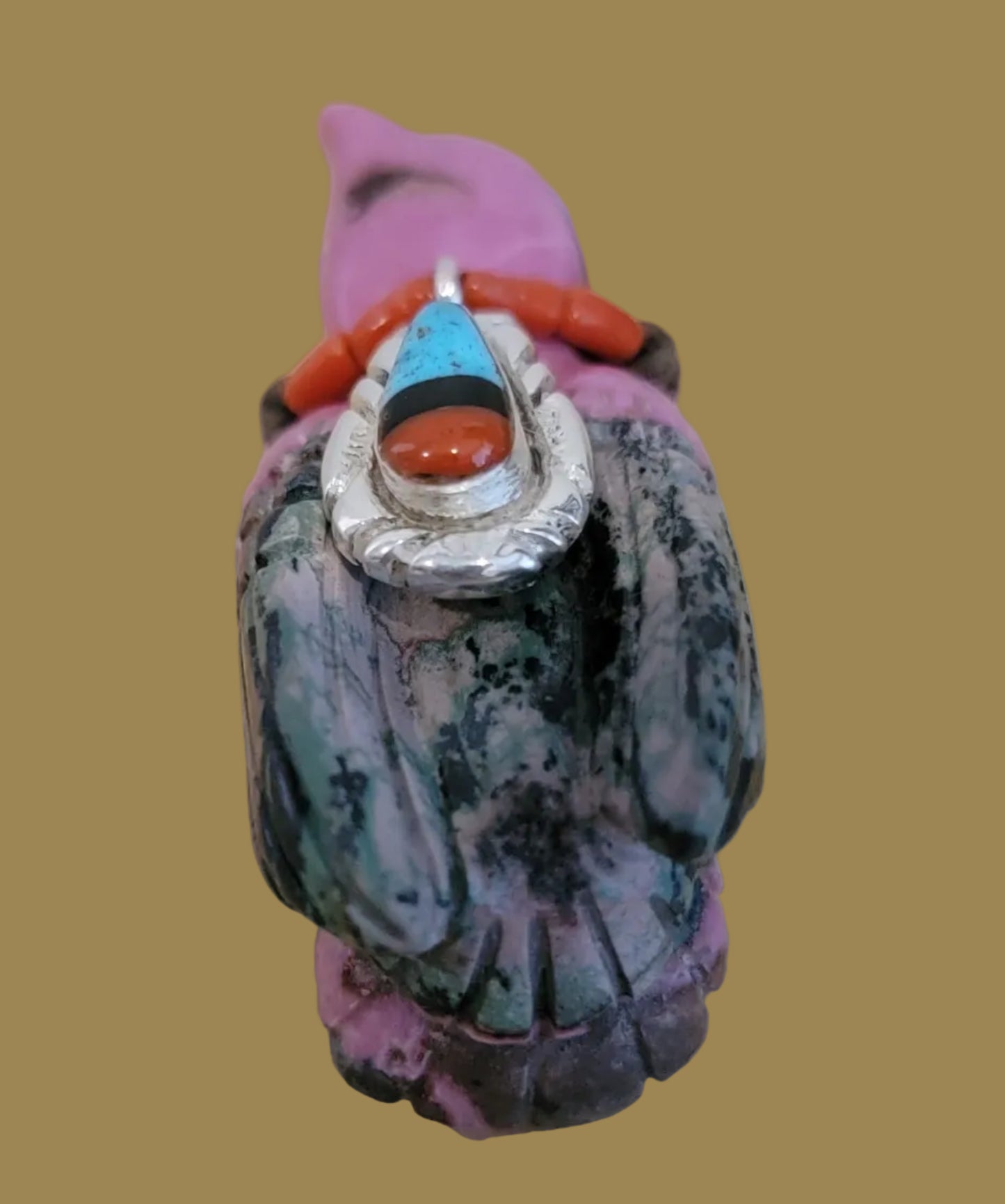 Rhodonite Messenger Bird w/ Sterling Silver peandant Zuni Fetish