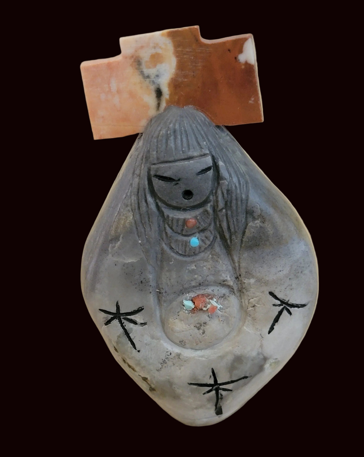 Picasso Marble Double Sided Zuni Maiden w/Jasper Tablita Zuni Fetish