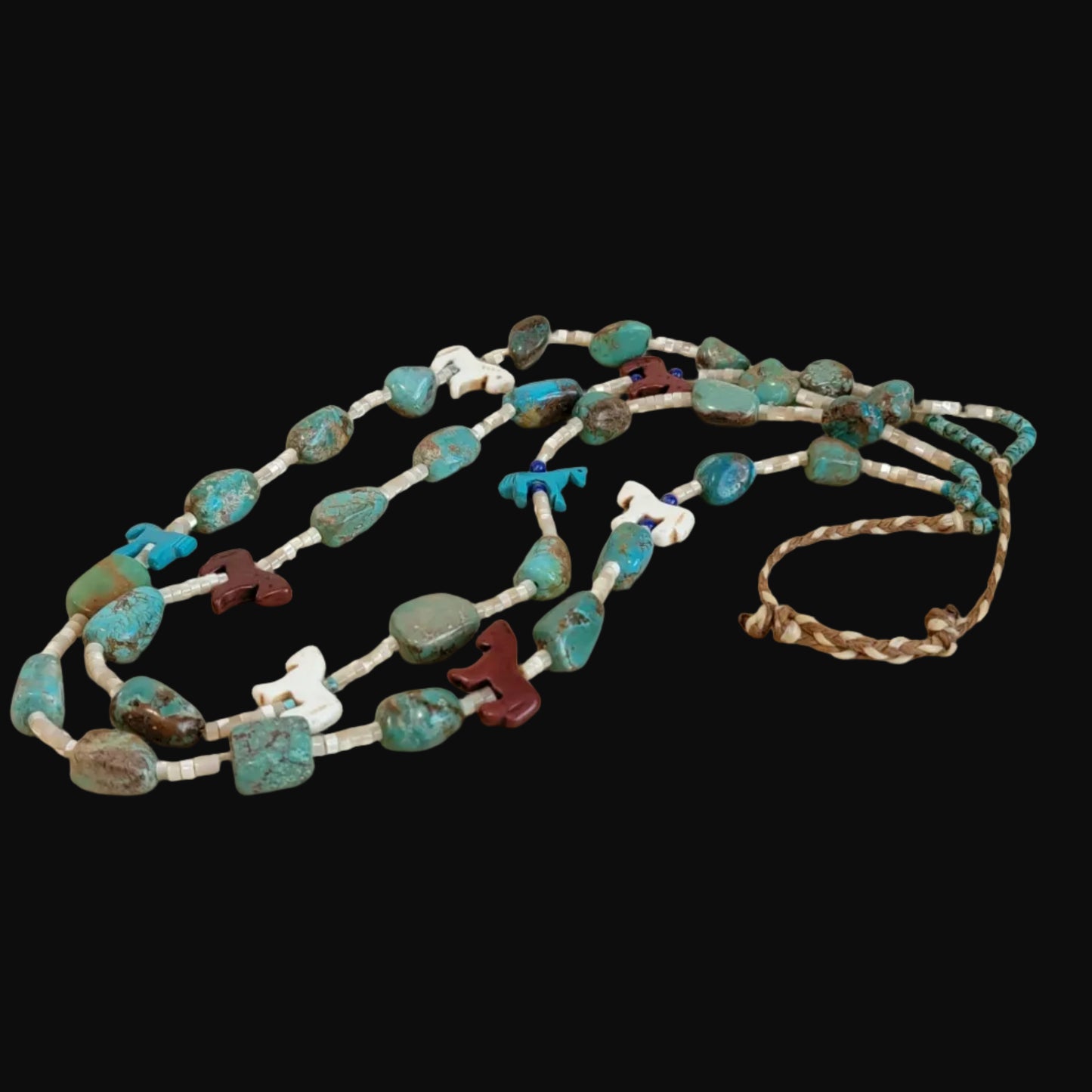 Old Pawn Double Strand Mother of Pearl Heishe w/Turquoise Stones, Carved Horses and Lapis Beads Indian Jewelry Necklace
