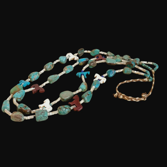 Old Pawn Double Strand Mother of Pearl Heishe w/Turquoise Stones, Carved Horses and Lapis Beads Indian Jewelry Necklace