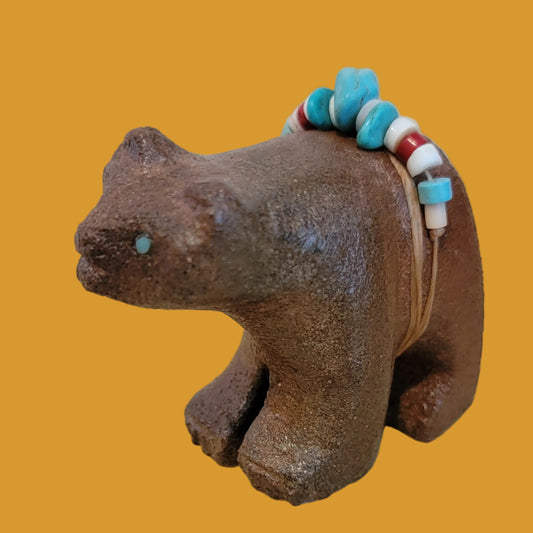 Painted Sandstone Bear Cub w/Colorful Offering Zuni Fetish
